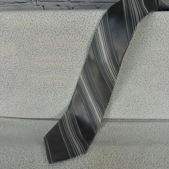 Express 100%‎ Silk Light Grays/Silver Colors Striped Repp Tie, 3 1/4 Inch Wide - Picture 1 of 7